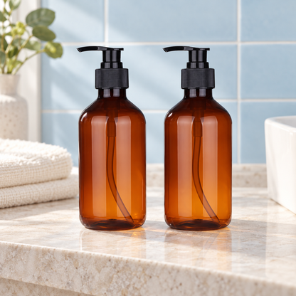 Matching refill bottles on a bathroom vanity