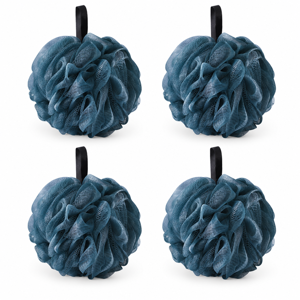 Four slate-blue mesh bath poufs with plain black loops