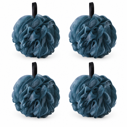 Four slate-blue mesh bath poufs with plain black loops