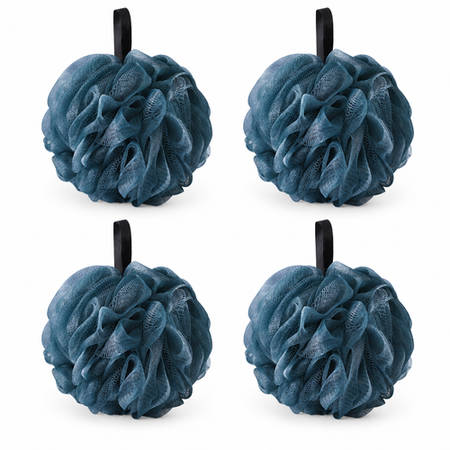 Four slate-blue mesh bath poufs with plain black loops