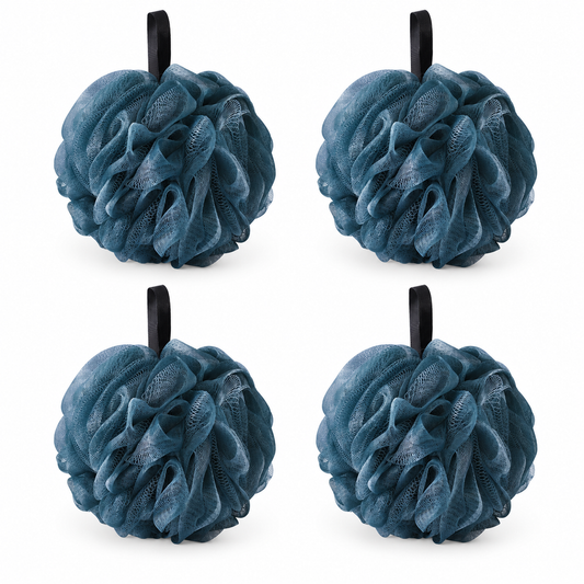Four slate-blue mesh bath poufs with plain black loops