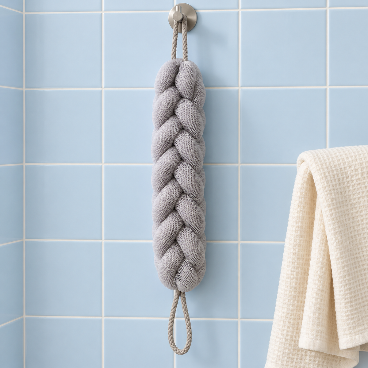 Grey bath strap hanging to dry on plain bathroom tiles