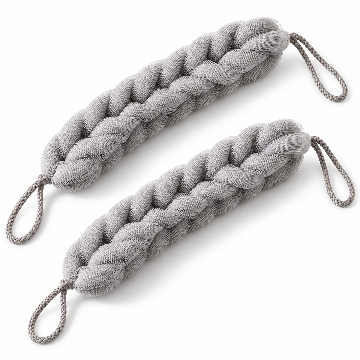 Two grey braided mesh bath straps with loops at both ends