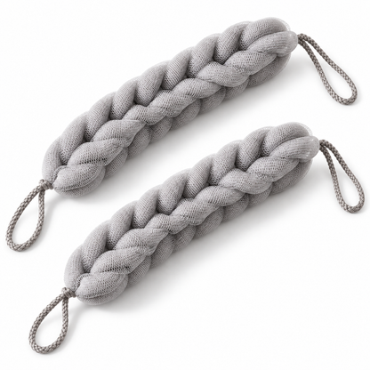 Two grey braided mesh bath straps with loops at both ends