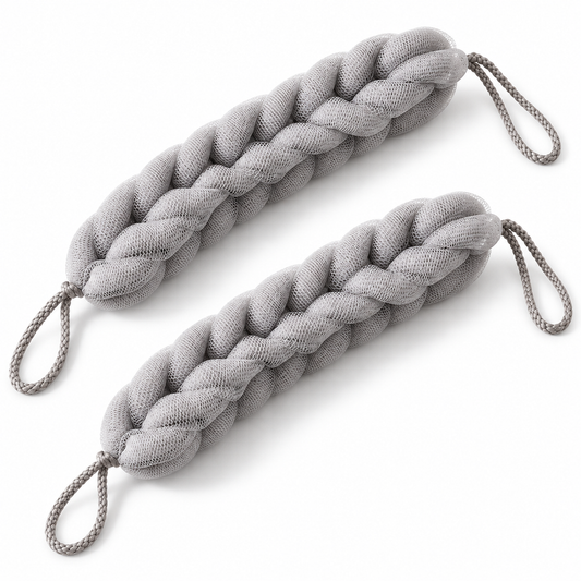 Two grey braided mesh bath straps with loops at both ends
