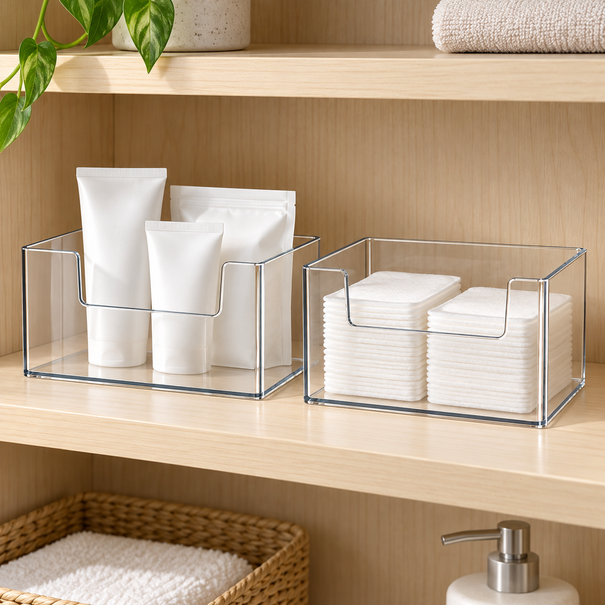Clear boxes holding plain toiletry pouches and cotton pads