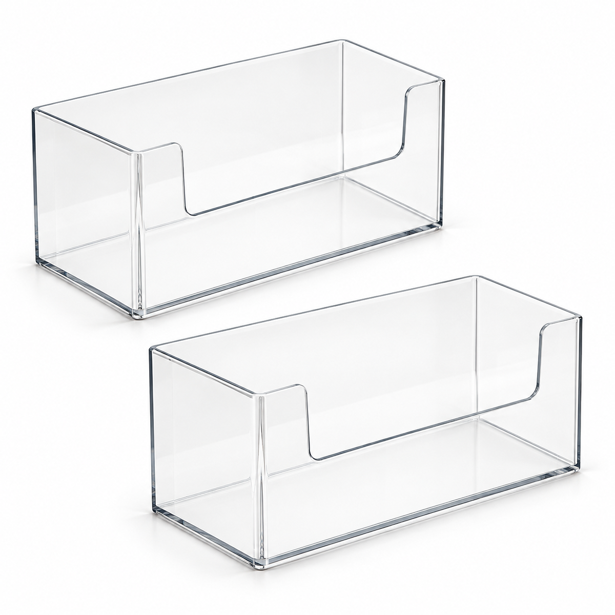 Two empty clear acrylic bathroom organizer boxes