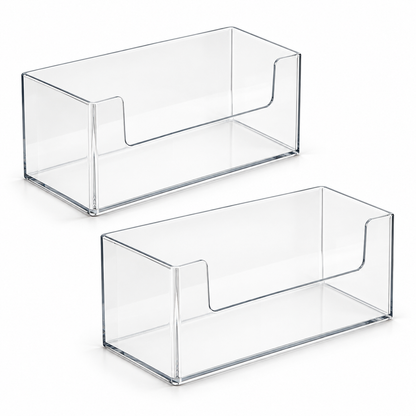 Two empty clear acrylic bathroom organizer boxes