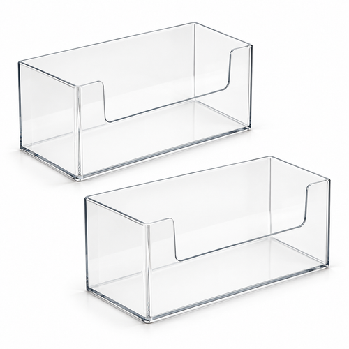 Two empty clear acrylic bathroom organizer boxes