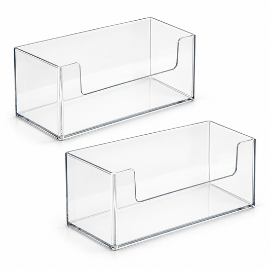 Two empty clear acrylic bathroom organizer boxes