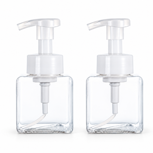 Two empty clear square250ml bottles with white foam pumps