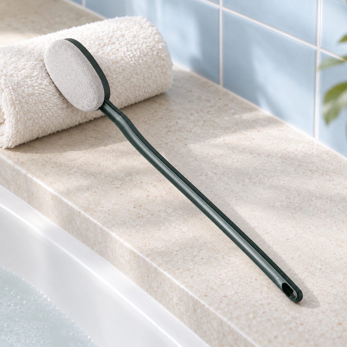 Bath pad resting beside a plain towel on a bath ledge