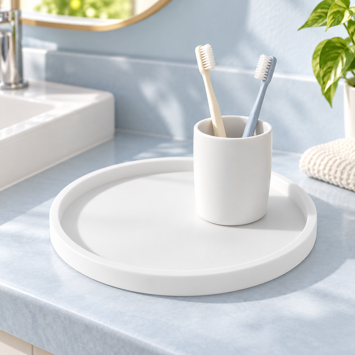 White tray holding an unbranded toothbrush cup on a bathroom vanity