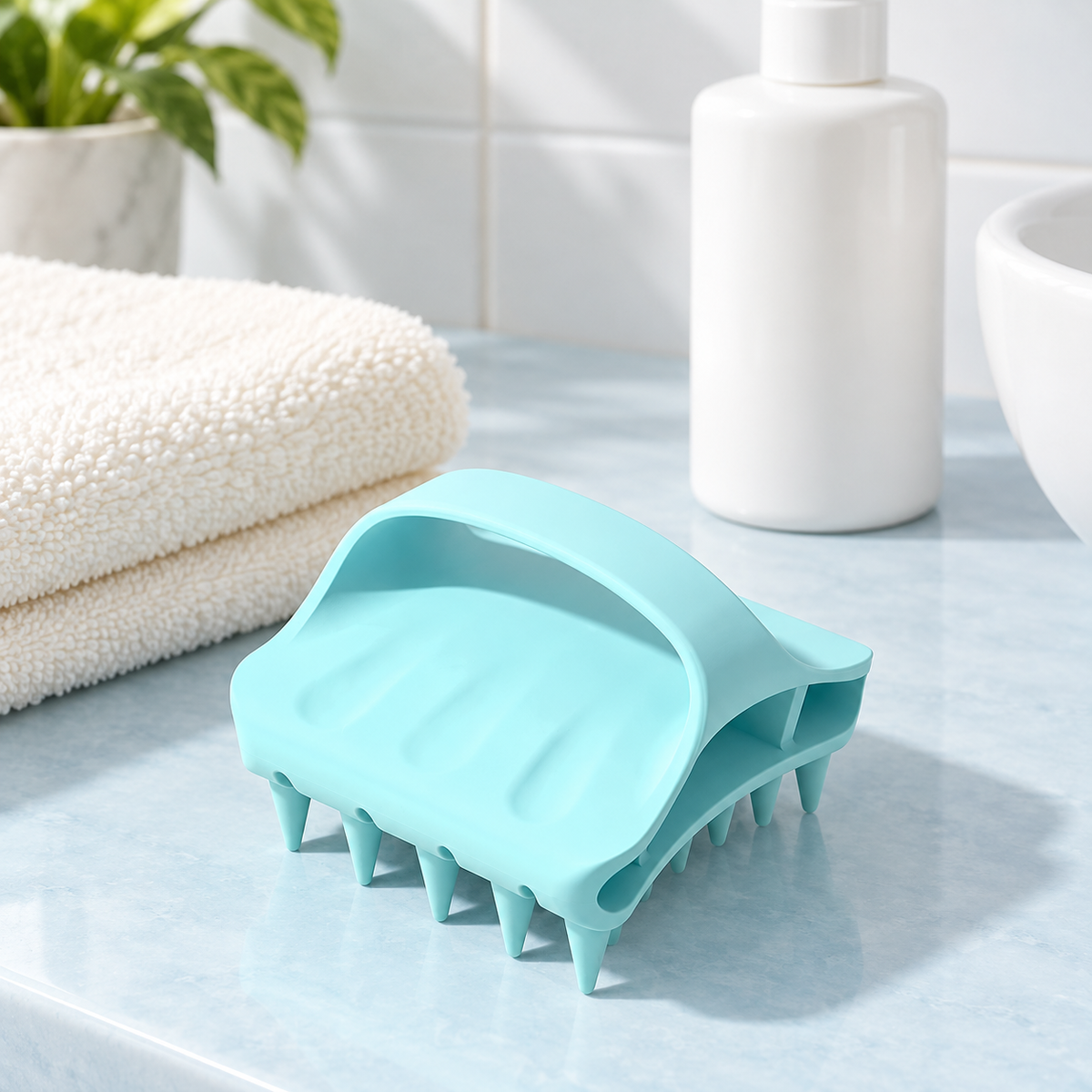 Aqua manual shampoo brush on a bathroom vanity