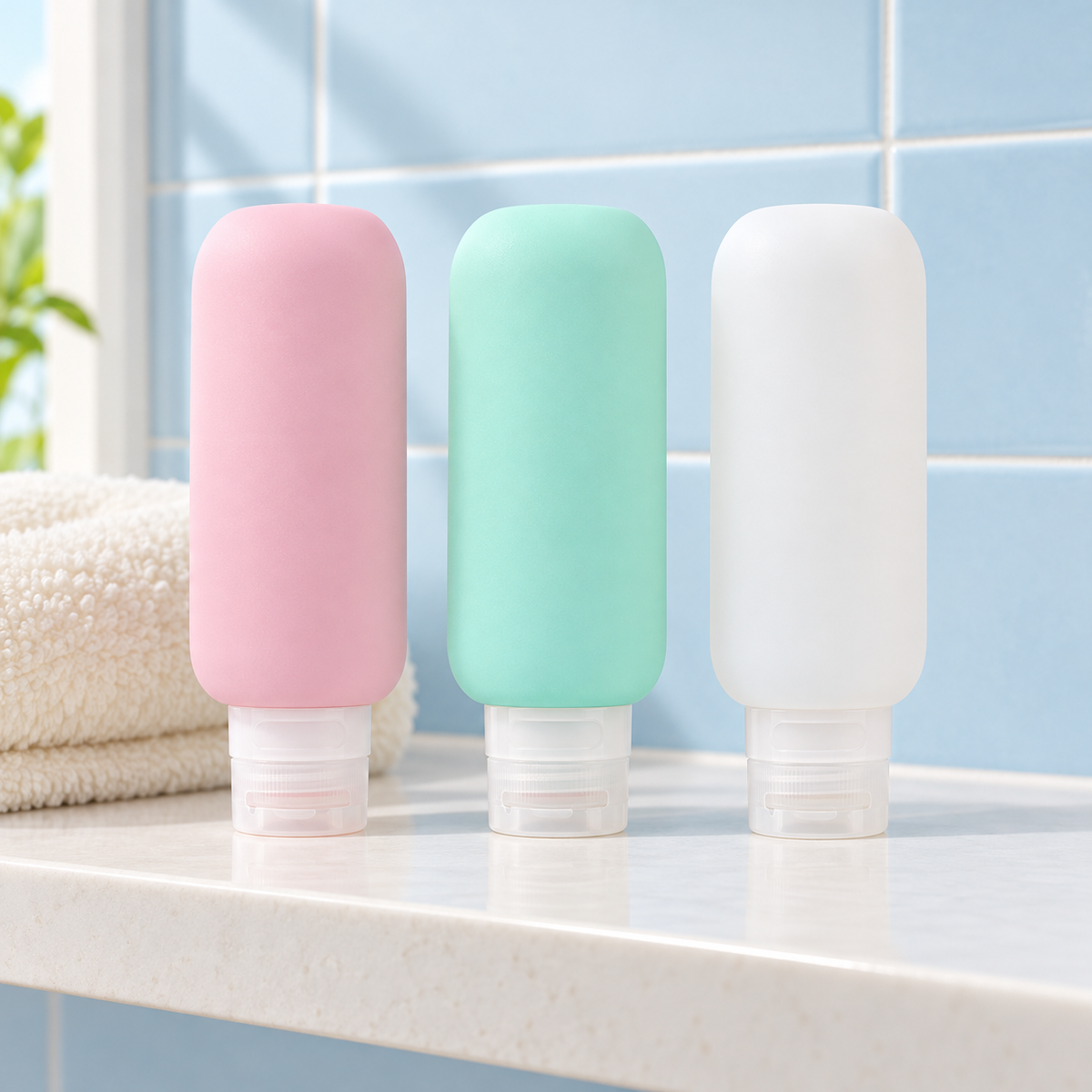 Three cap-down refill bottles on a bathroom shelf