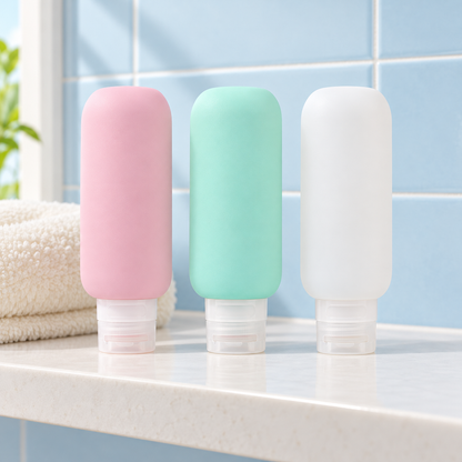 Three cap-down refill bottles on a bathroom shelf