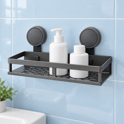 Shelf on smooth tiles with plain toiletries bottles