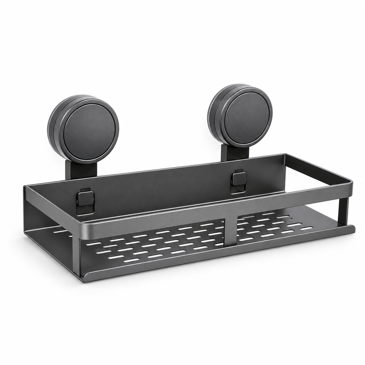 Empty gunmetal bathroom shelf with two suction mounts