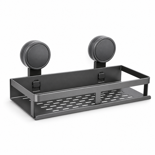 Empty gunmetal bathroom shelf with two suction mounts