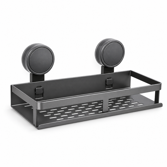 Empty gunmetal bathroom shelf with two suction mounts