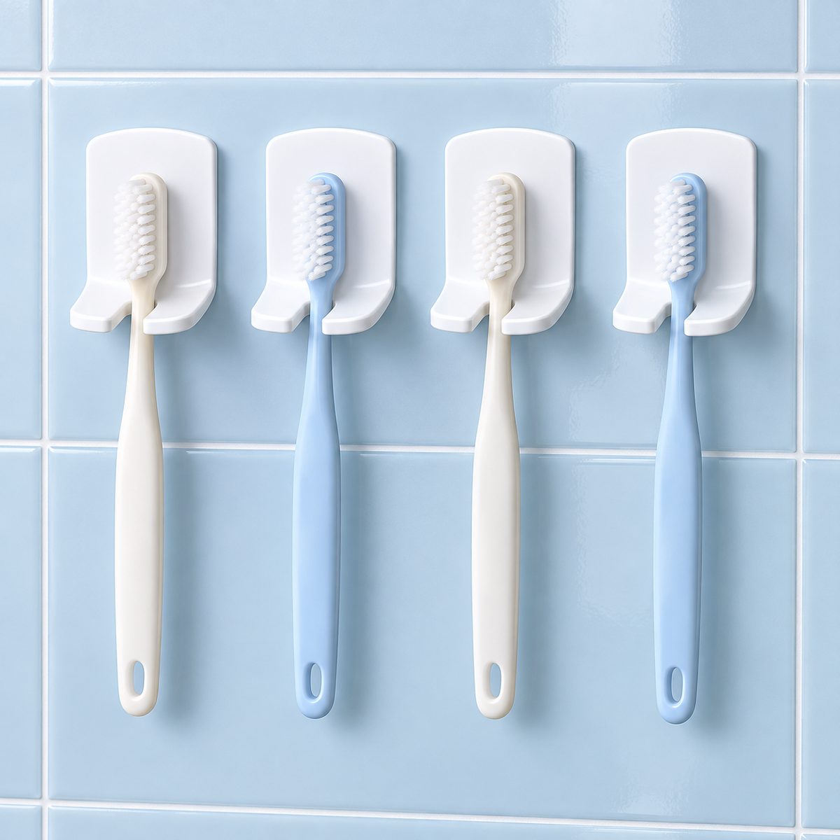 Four holders supporting plain manual toothbrushes on smooth tiles